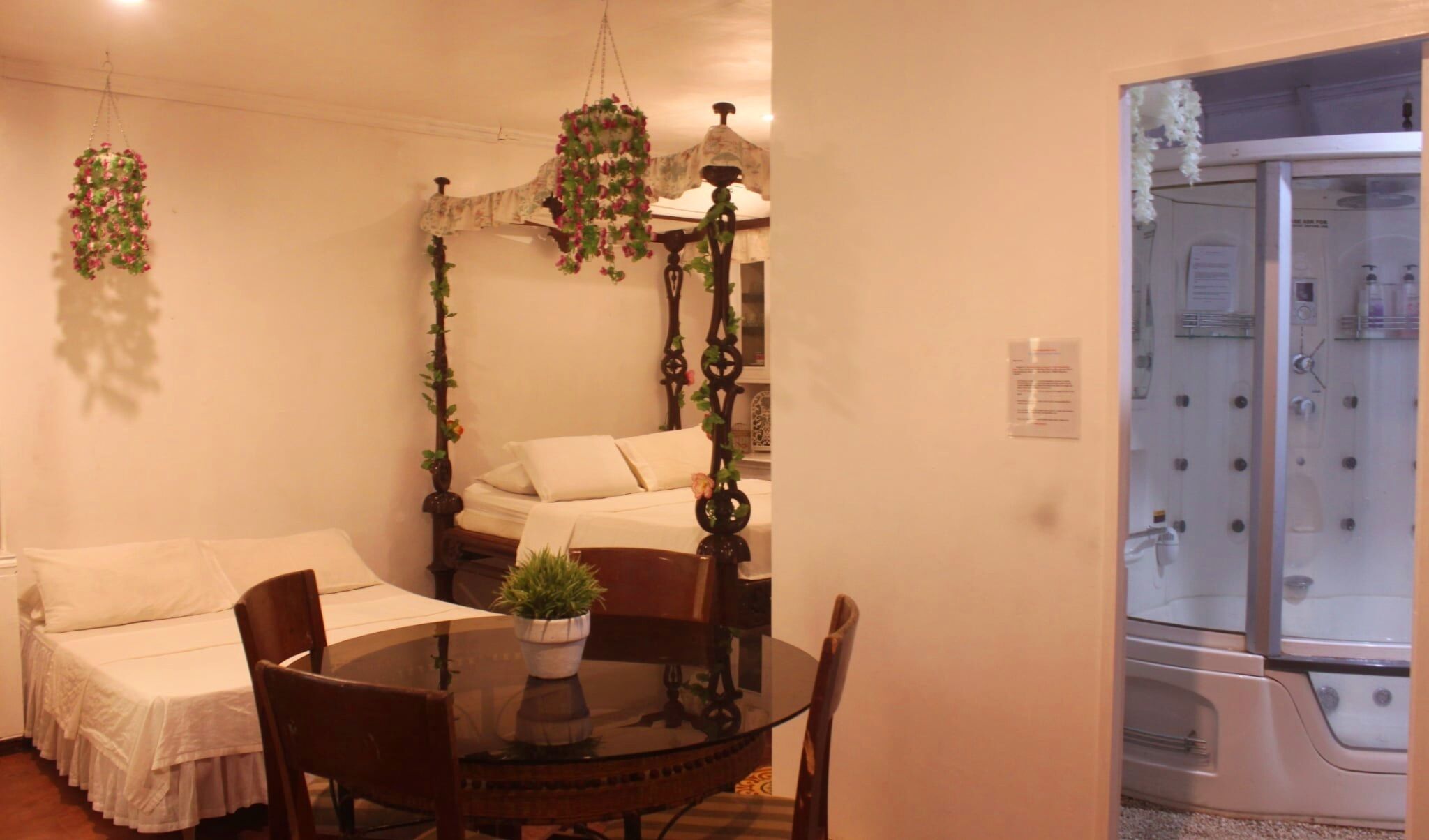 A room with a bed, a bedside table with a plant, a round table with chairs, and a shower area.