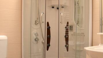 Shower, free toiletries, hair dryer