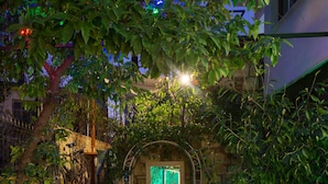 A stone staircase leading to a bench under a tree with colorful lights.
