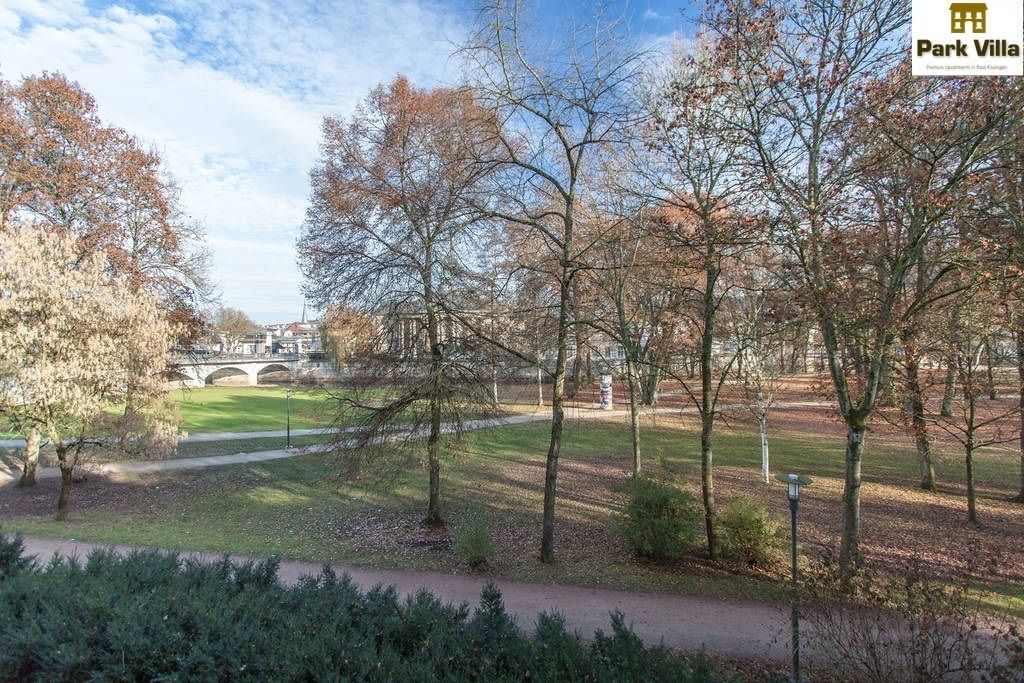 Ein Park mit einer Brücke, Bäumen und einem Weg.