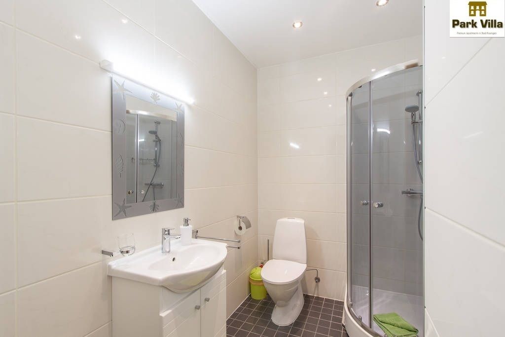A modern bathroom with a glass shower enclosure, a white sink, and a toilet.