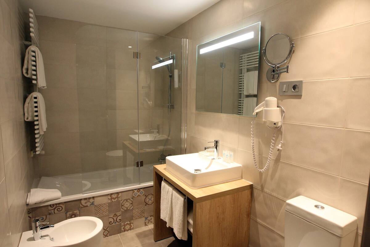 shower, free toiletries, hair dryer, bidet