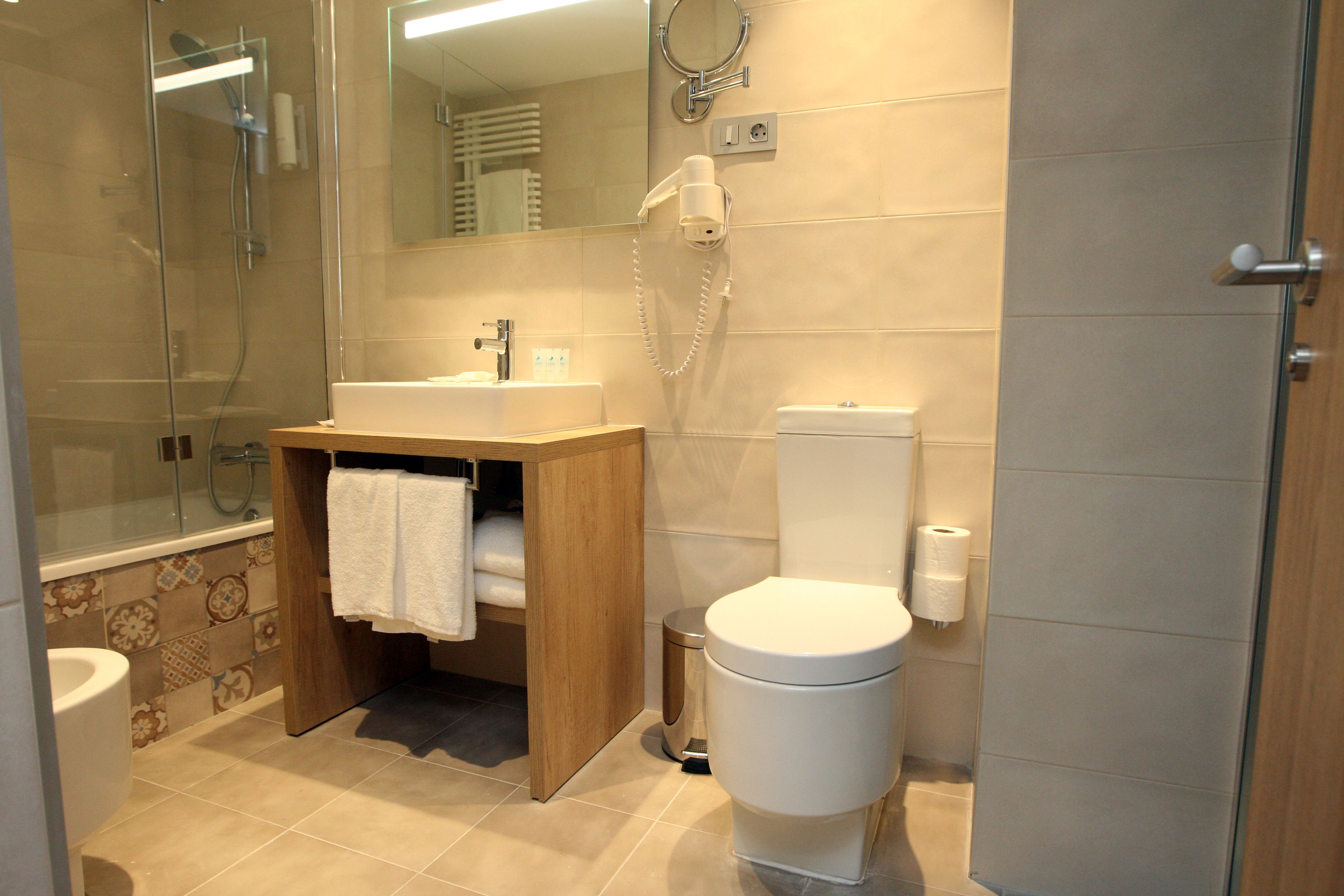 shower, free toiletries, hair dryer, bidet