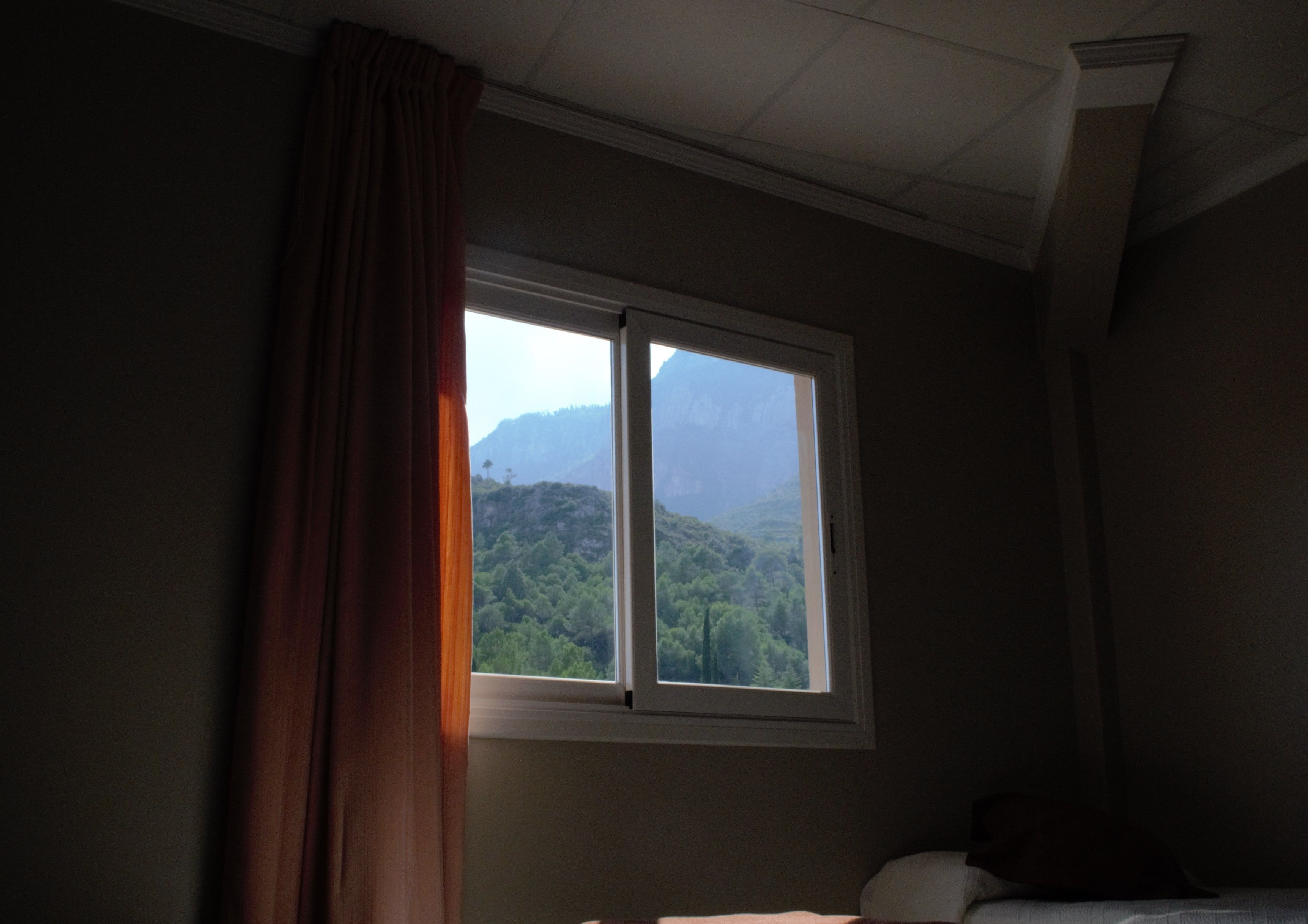 Un dormitorio con ventana que da a una montaña boscosa.