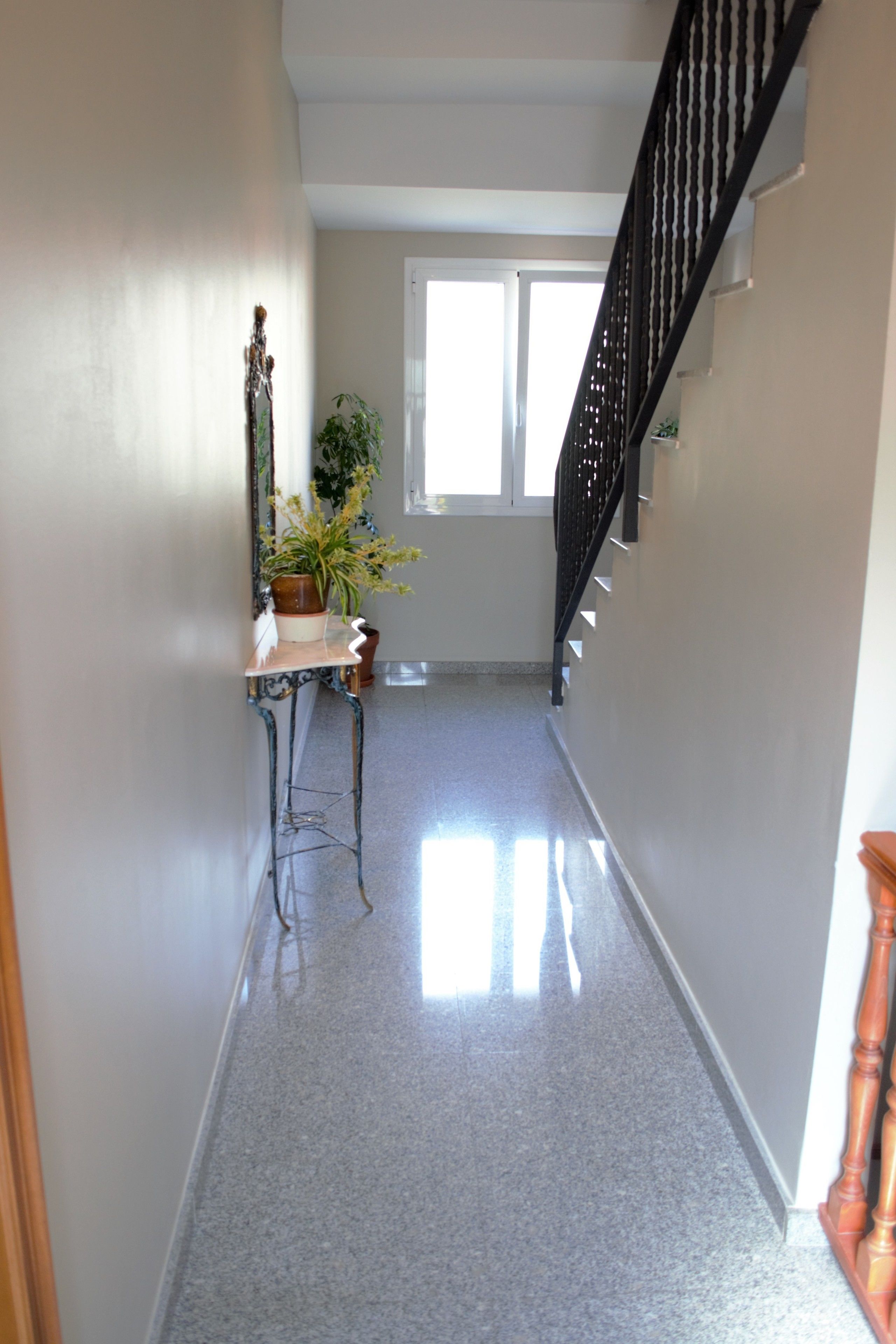 A hallway with a staircase, a potted plant, and a table with a vase.