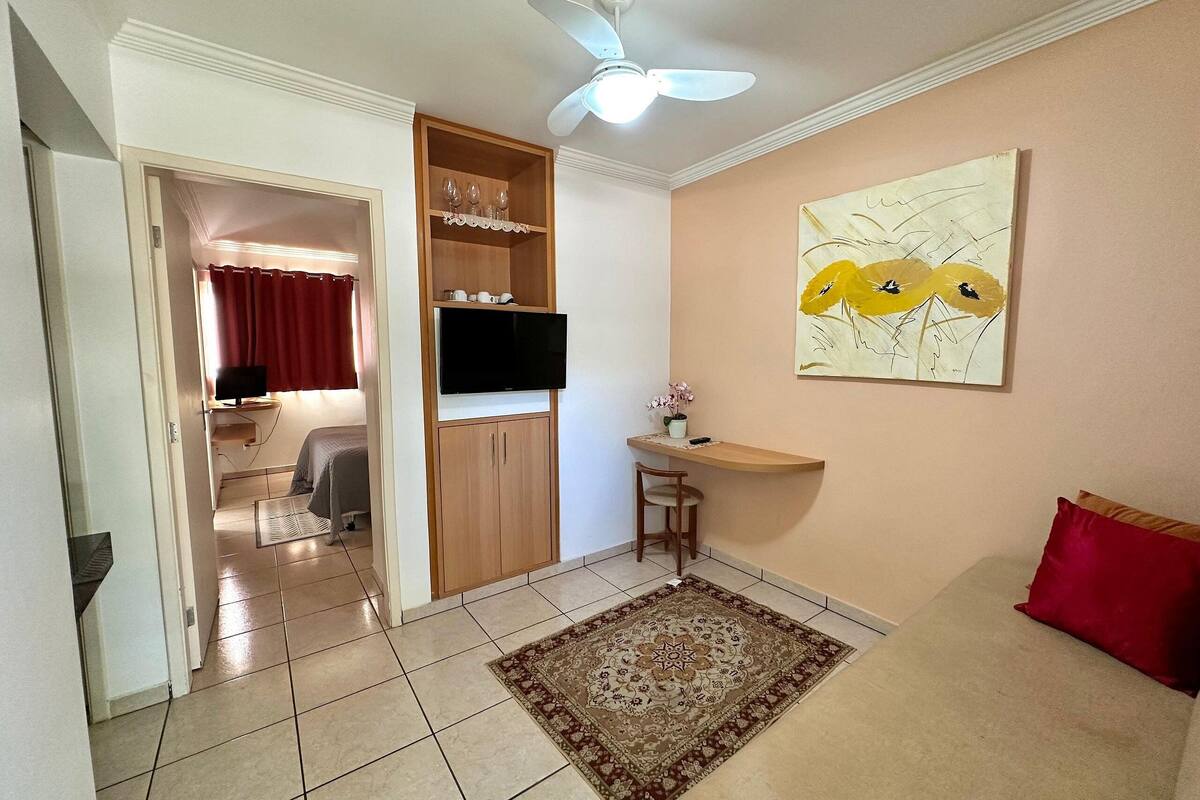 A room with a TV, a ceiling fan, a painting, a red pillow, and a rug.