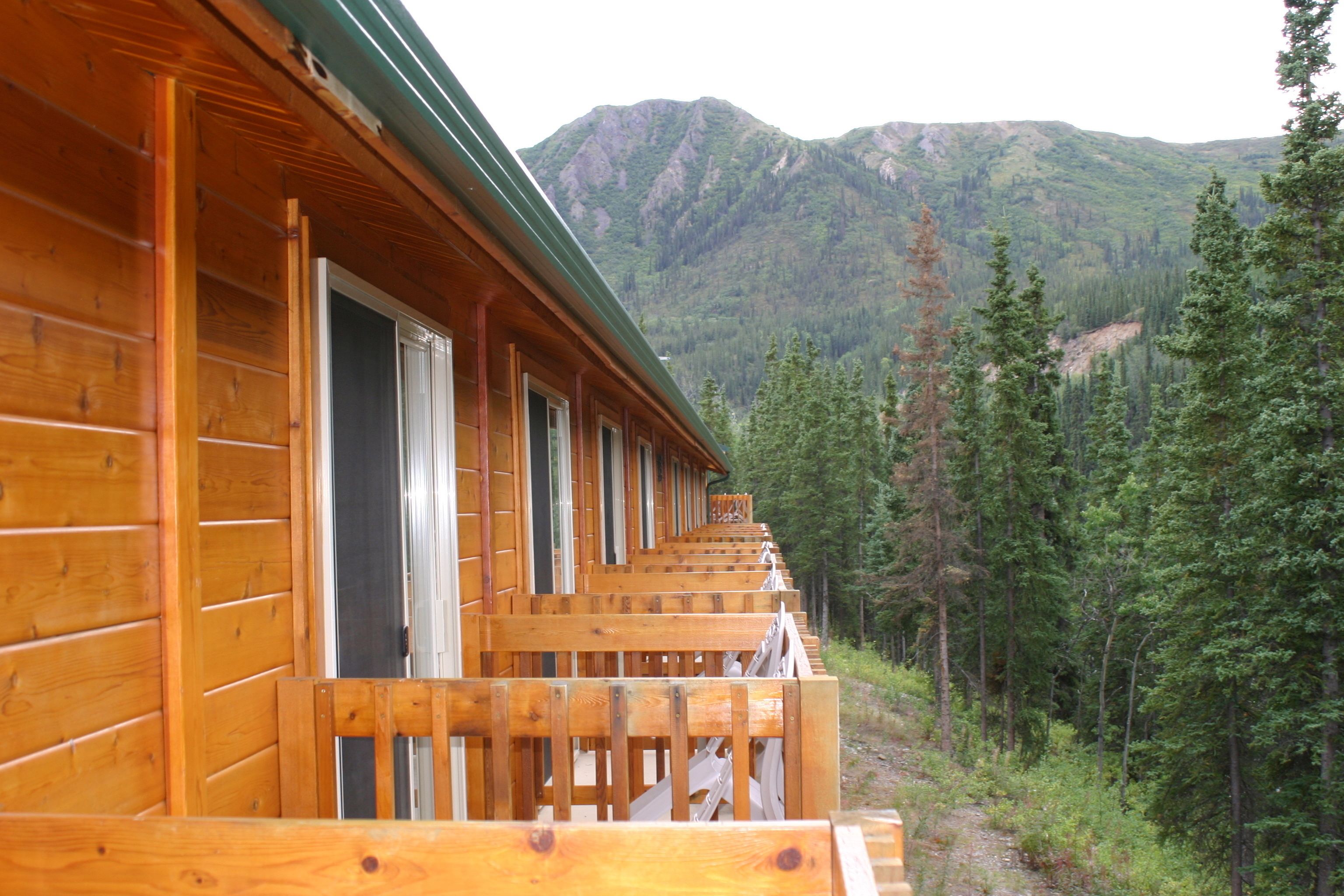 A row of wooden cabins with balconies, set against a backdrop of a forest and mountains.
