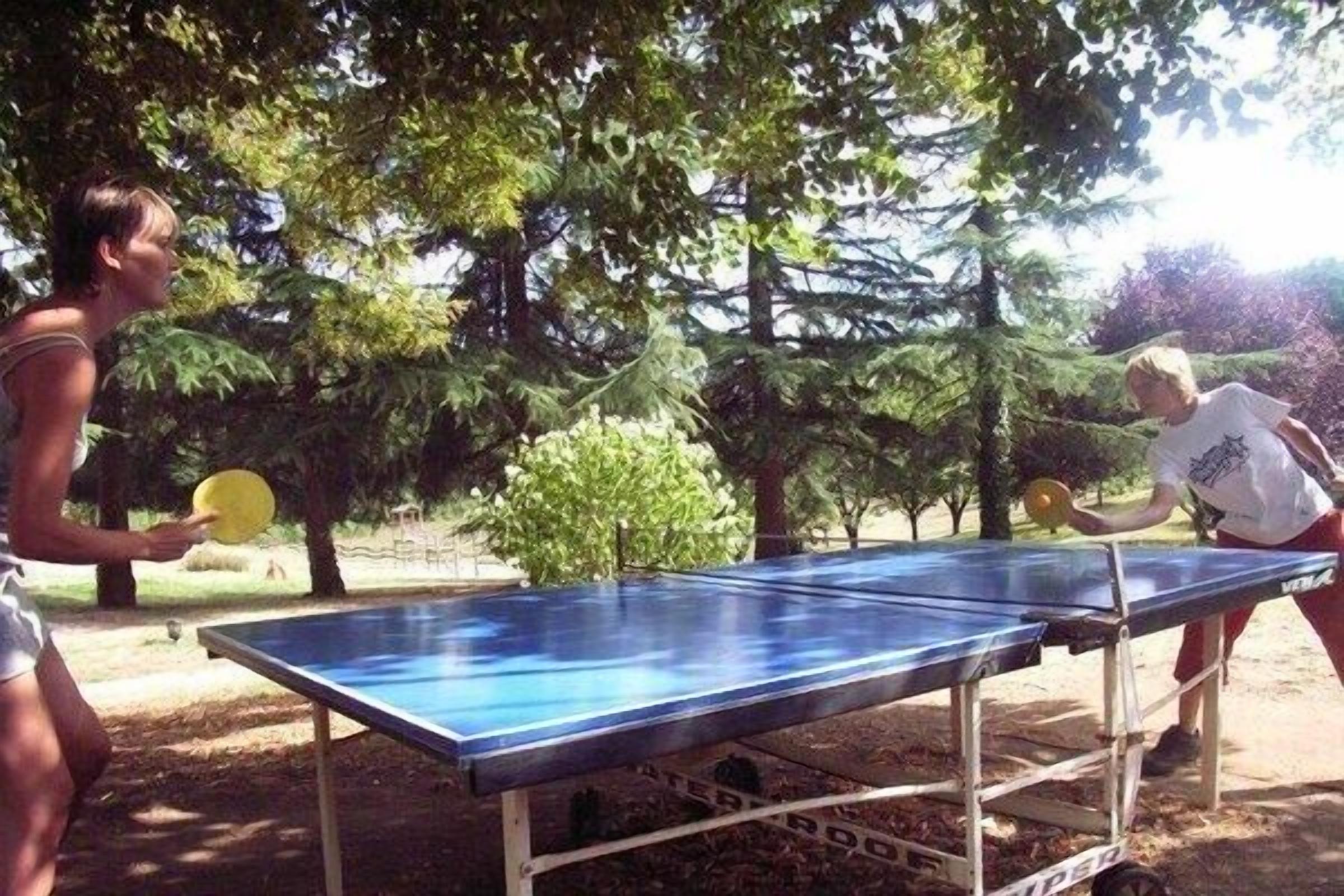 A ping pong table in an outdoor setting with trees in the background.