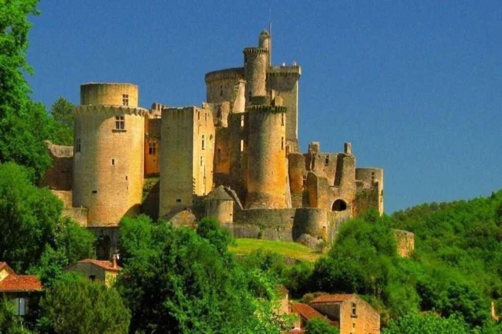 A historic castle with multiple towers and a fortified wall, surrounded by lush greenery.