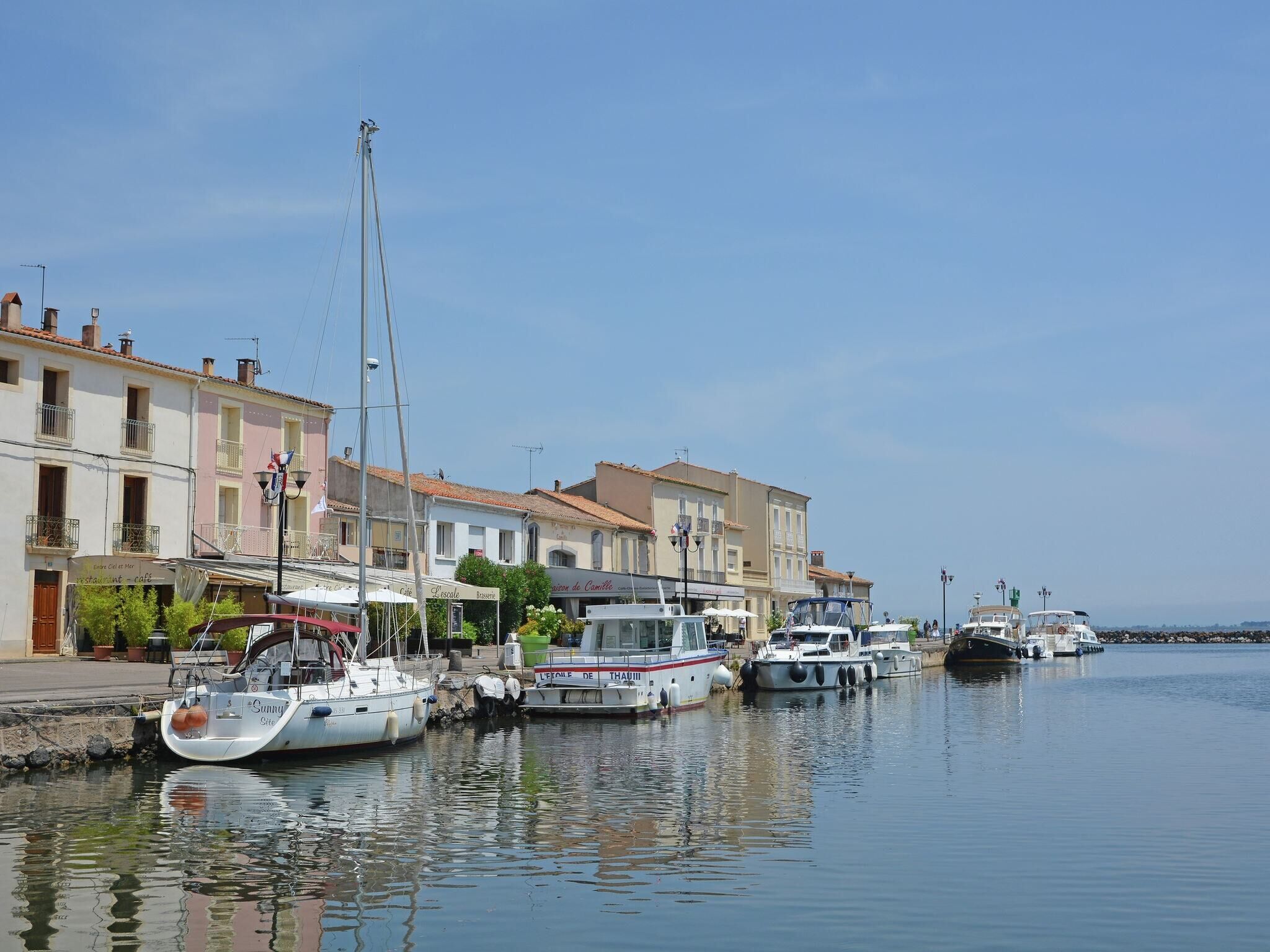 Un port de plaisance où plusieurs bateaux sont amarrés le long d’une promenade, avec des bâtiments en arrière-plan.