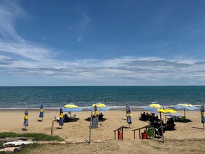 Una playa con sombrillas y sillas, un letrero y el océano al fondo.