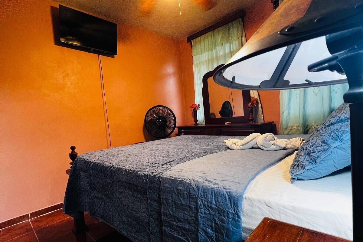 A bedroom with a bed, a ceiling fan, a TV, and a wooden nightstand.
