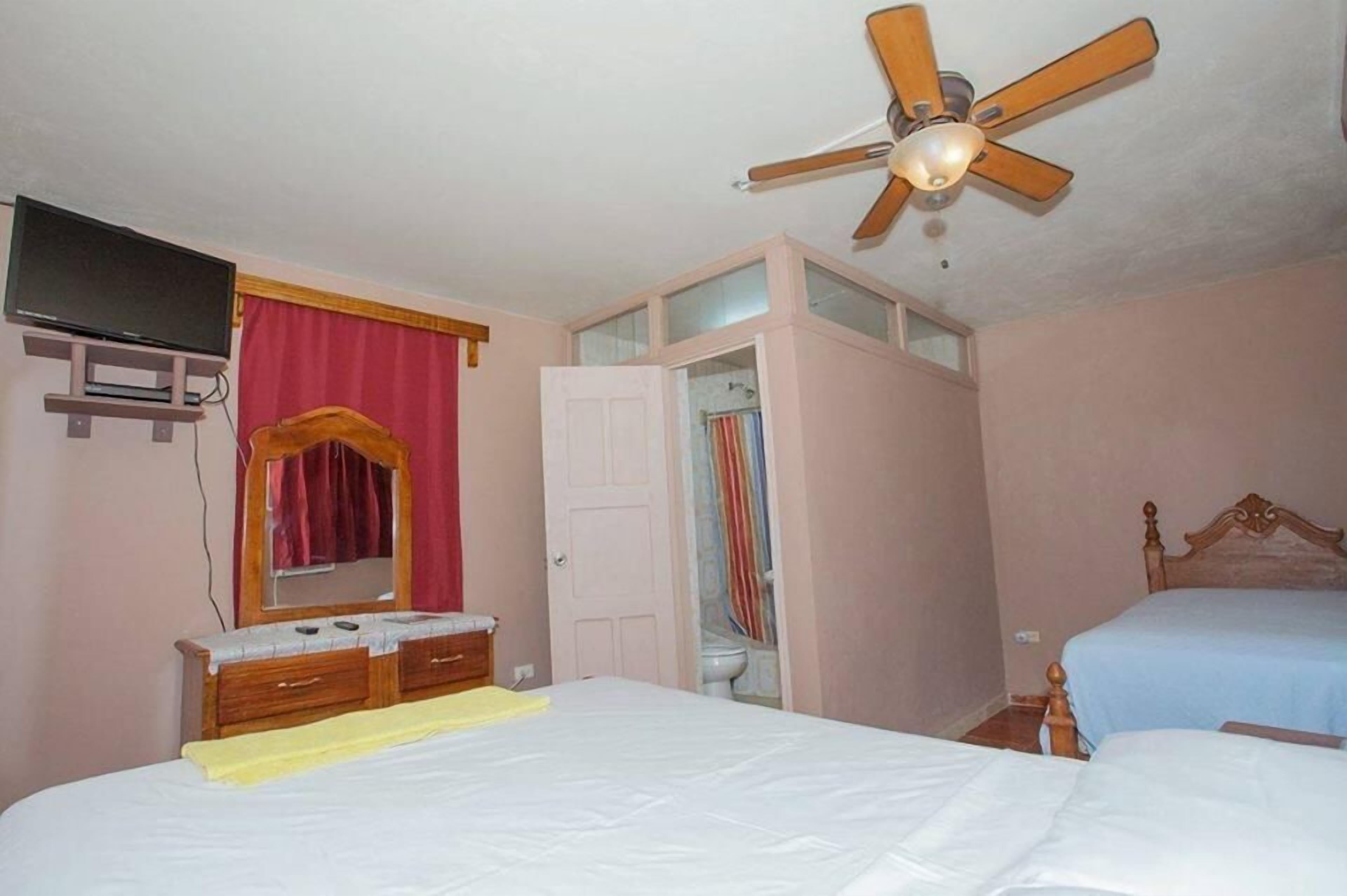A bedroom with a bed, a television, a ceiling fan, and a wardrobe.