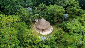 A thatched-roof hut surrounded by dense tropical foliage. - One Santuario Natural (Dibulla)