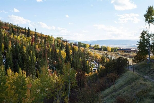 A mountainous landscape with autumn foliage, a railway track, and a distant view of a town.
