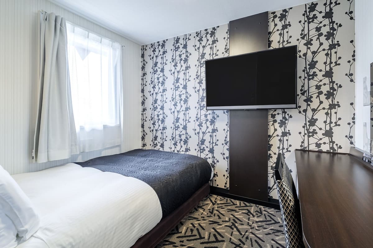 A hotel room with a bed, a flat-screen TV mounted on the wall, and a patterned carpet.
