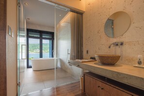 Executive Villa, Private Pool, Ocean View (4 Semi-Double Beds & 2 Japanese Futon) | Bathroom | Separate bathtub and shower, deep-soaking bathtub, rainfall showerhead