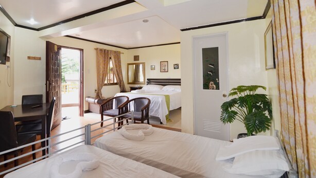 Quarto de hotel com duas camas, uma escrivaninha, uma cadeira, uma televisão e uma planta.