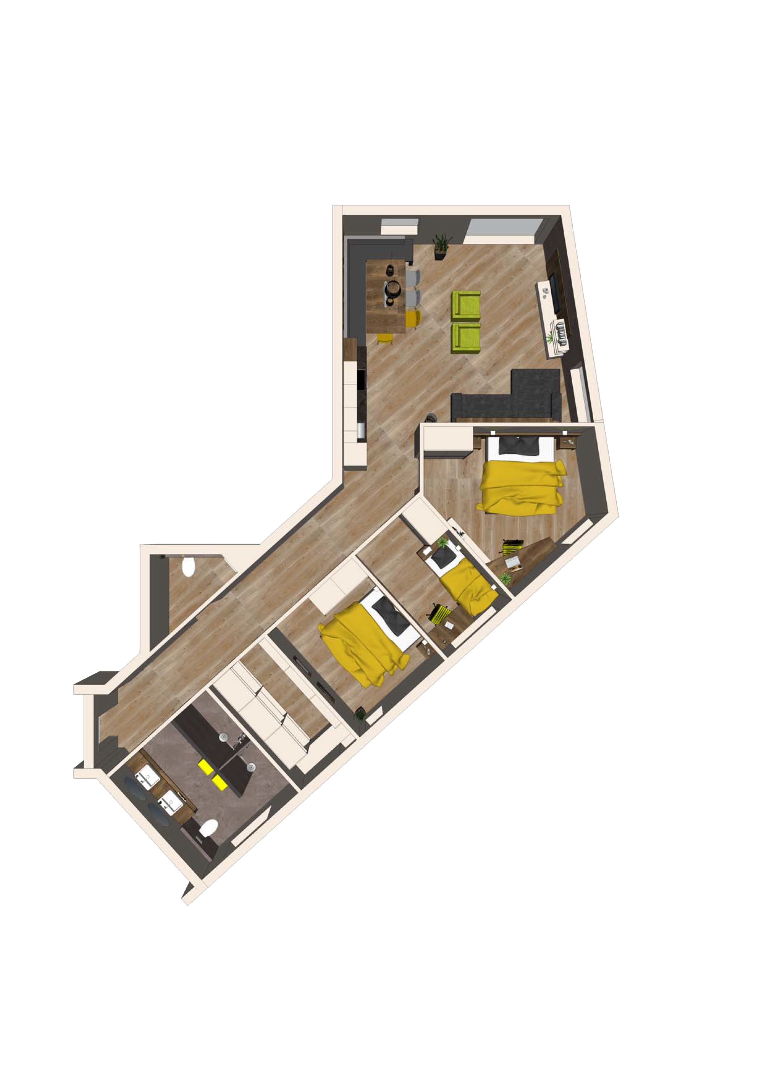 A 3D floor plan of a hotel room with a bed, a desk, a chair, a small table, and a sofa.
