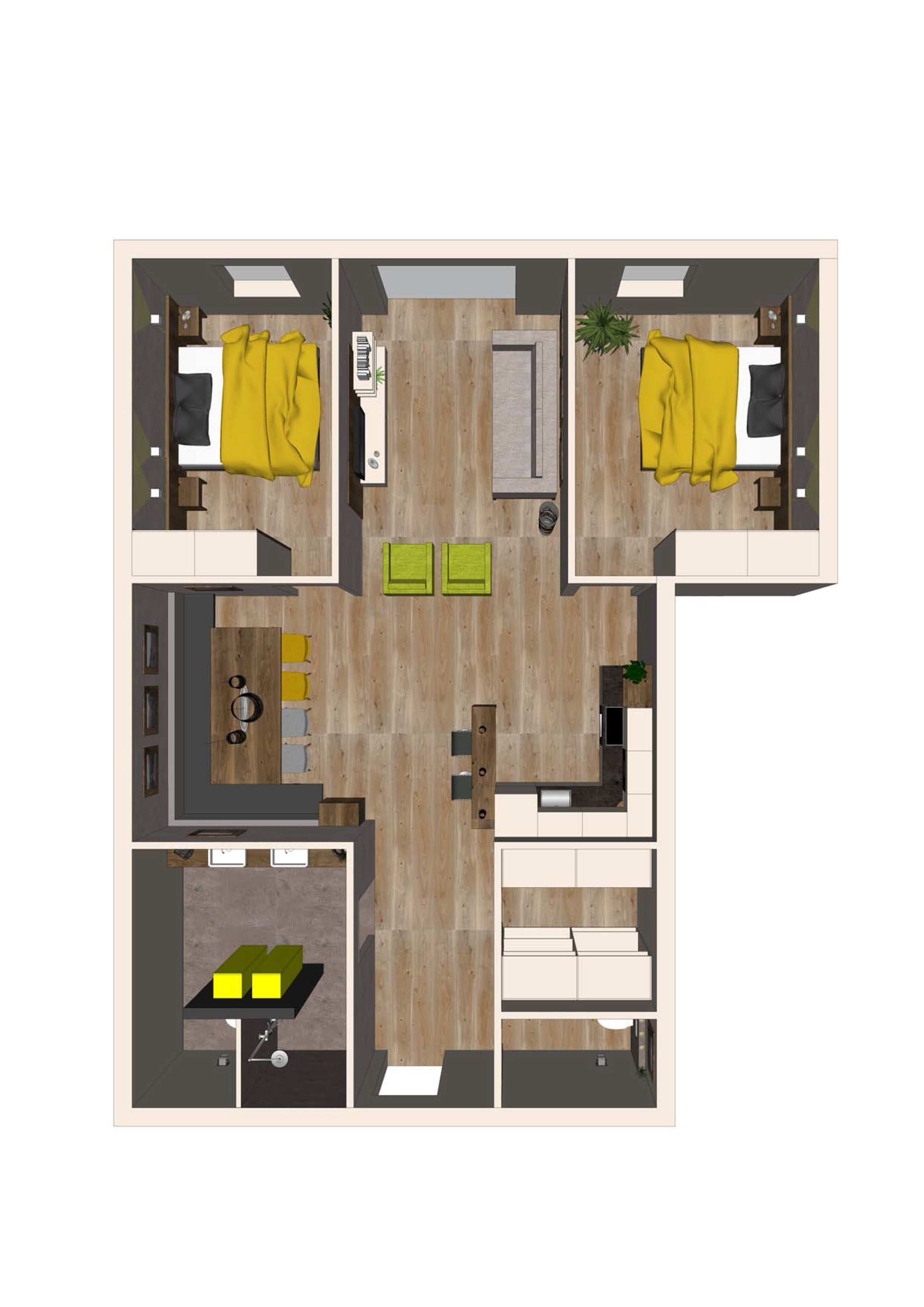 Distribución de un apartamento de dos habitaciones, con cocina, comedor y un pequeño balcón.