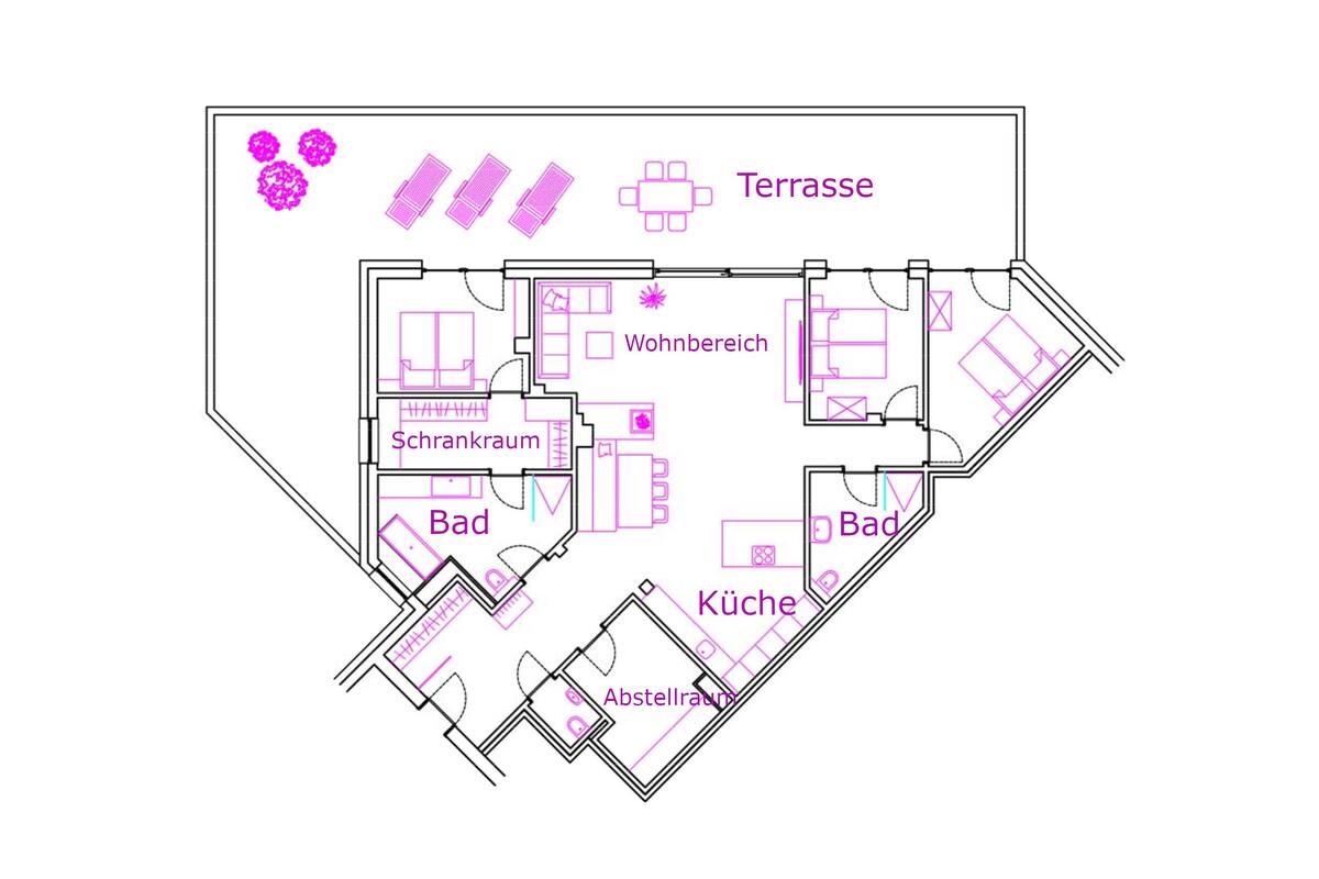 A floor plan of a hotel with labeled rooms including a terrace, kitchen, bathroom, and living area.