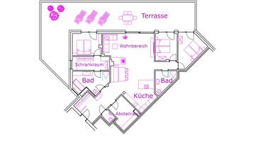 A floor plan of a hotel with labeled rooms including a terrace, kitchen, bathroom, and living area.