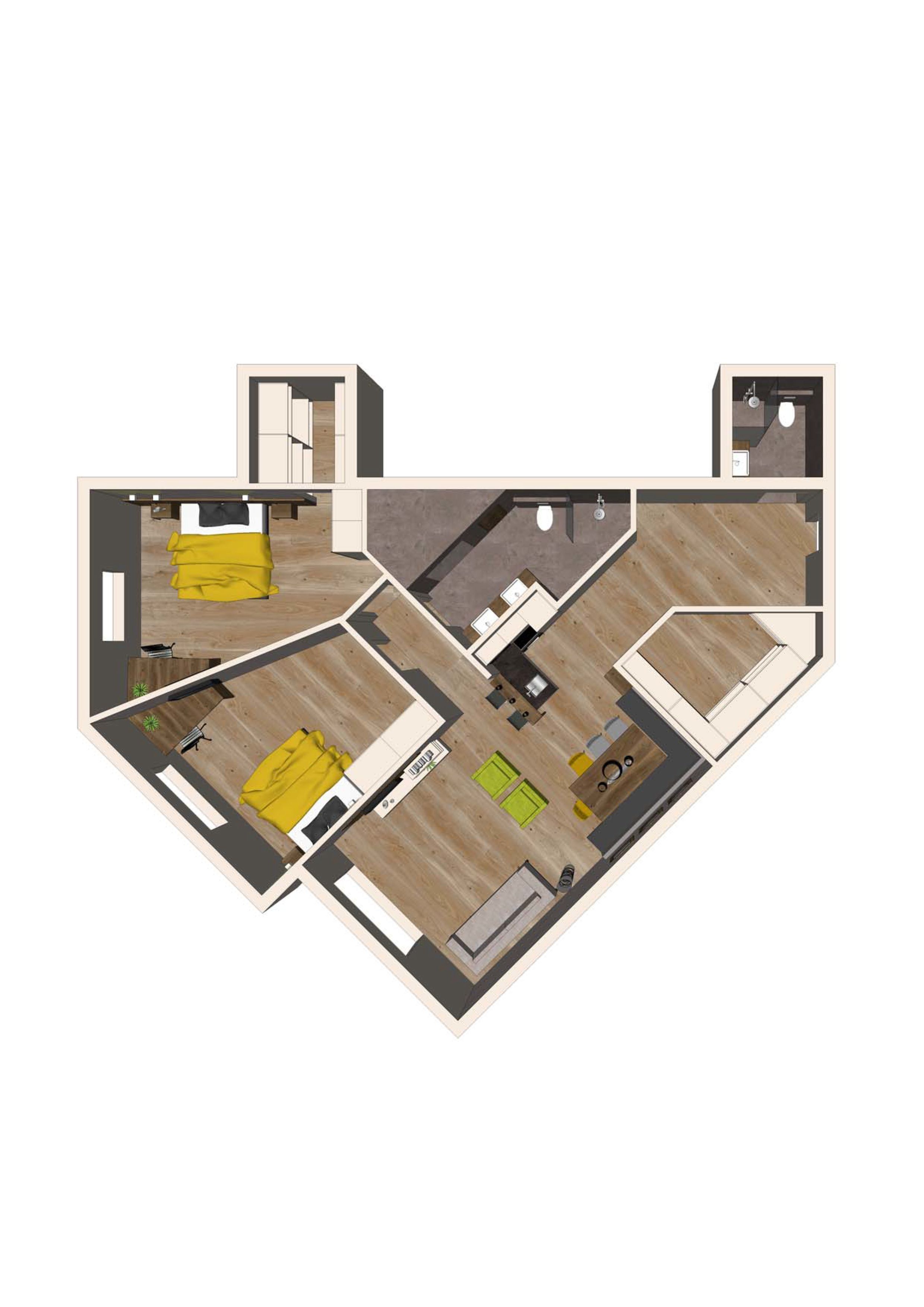 A floor plan of a hotel room with a bed, a desk, a chair, a small table, and a bathroom.