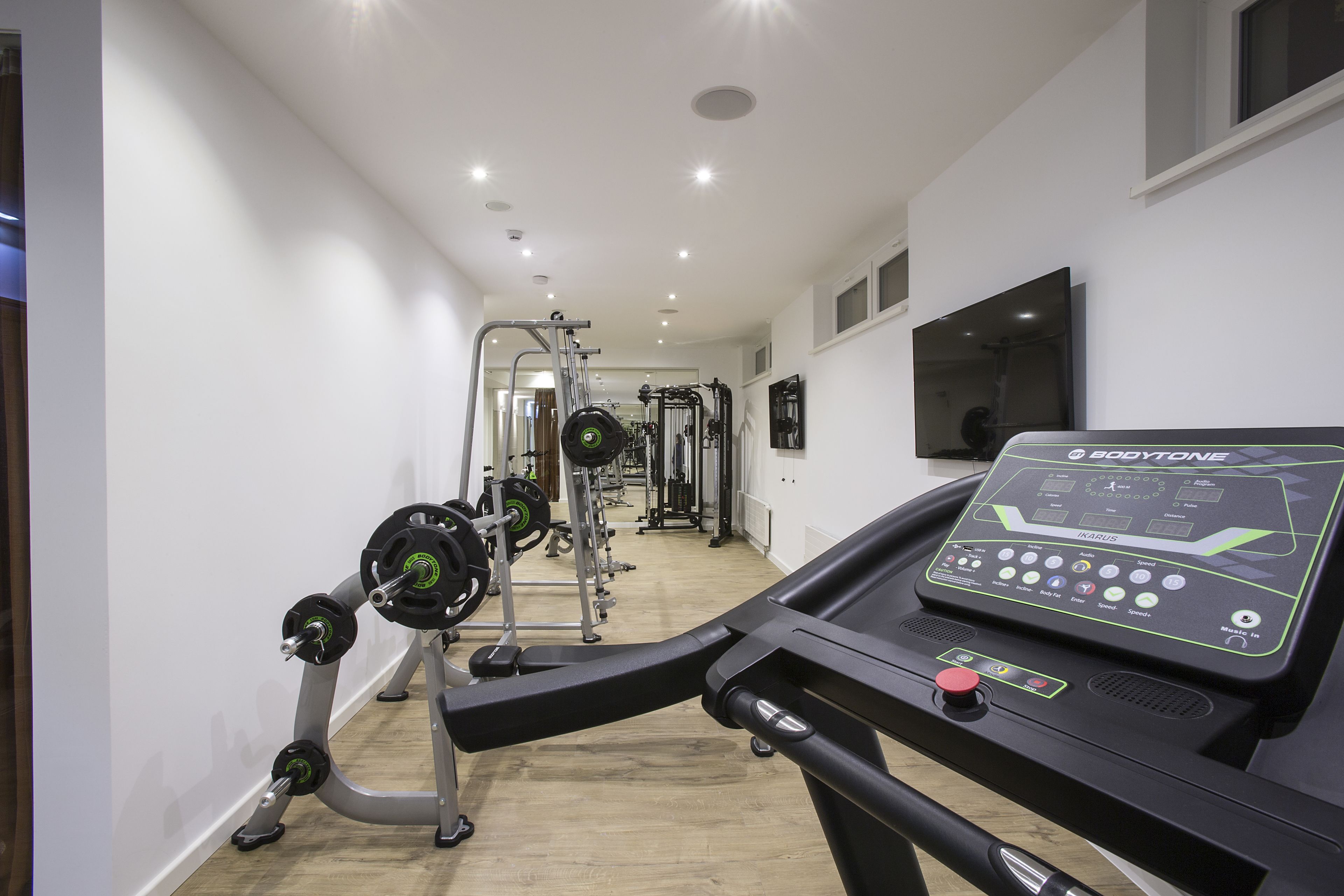Een fitnessruimte met een loopband, gewichtmachines en een spiegel.