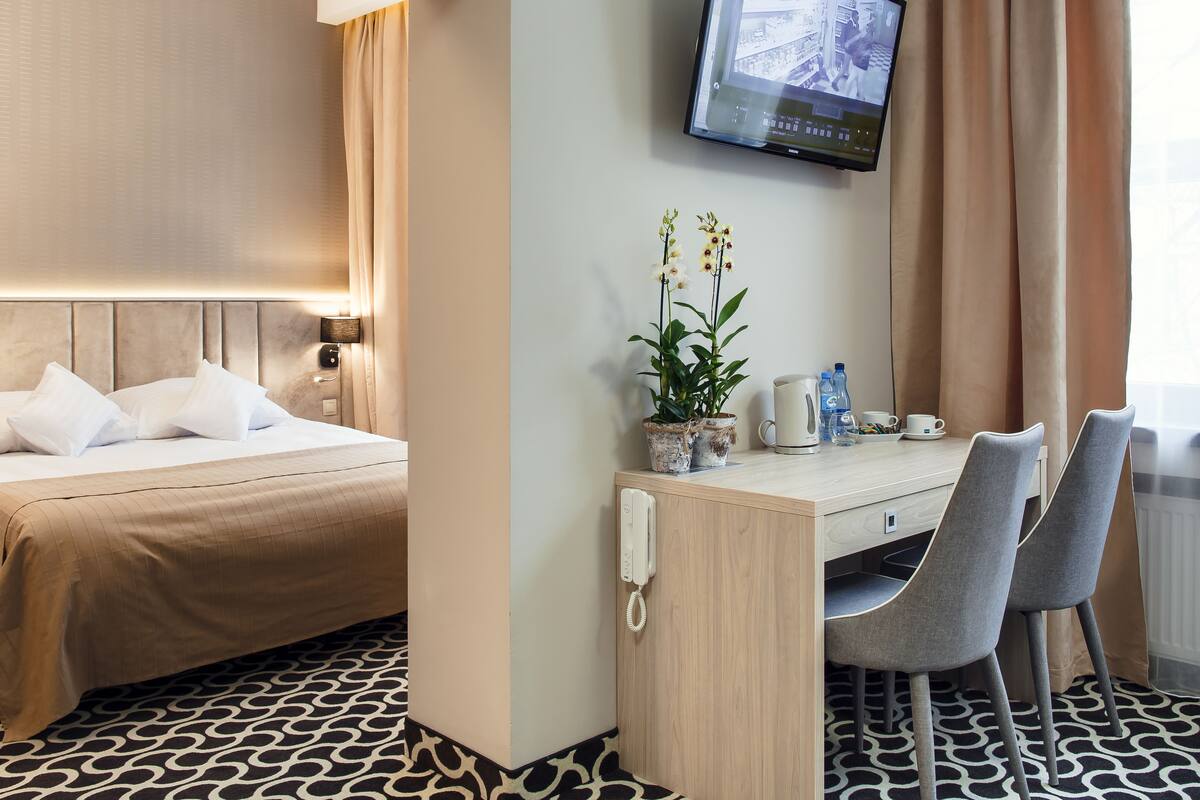 Habitación de hotel con una cama, un escritorio con dos sillas, una planta en maceta, un teléfono y un televisor en la pared.
