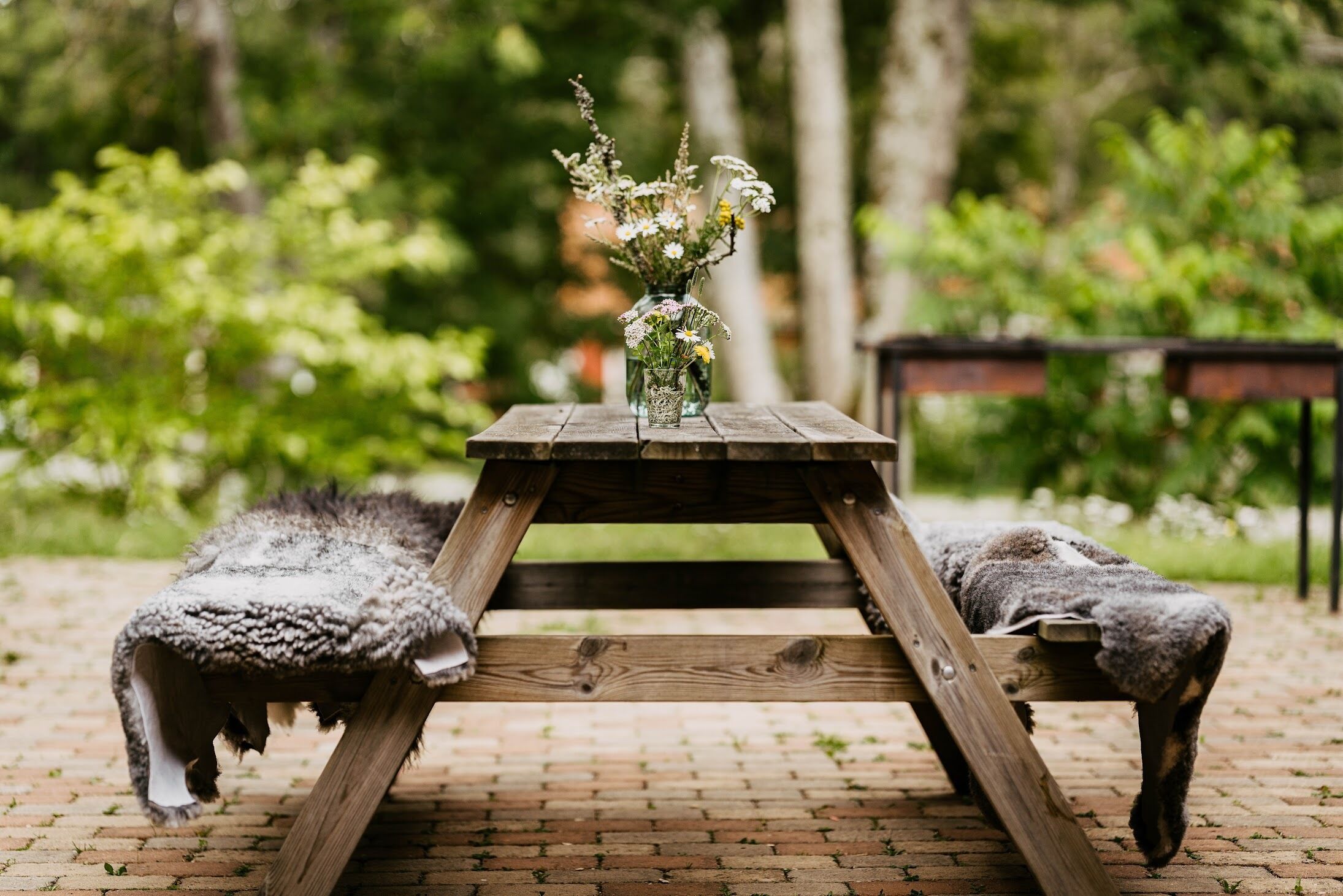 Une table en bois rustique, ornée d’un vase de fleurs au centre, et entourée de deux moutons.