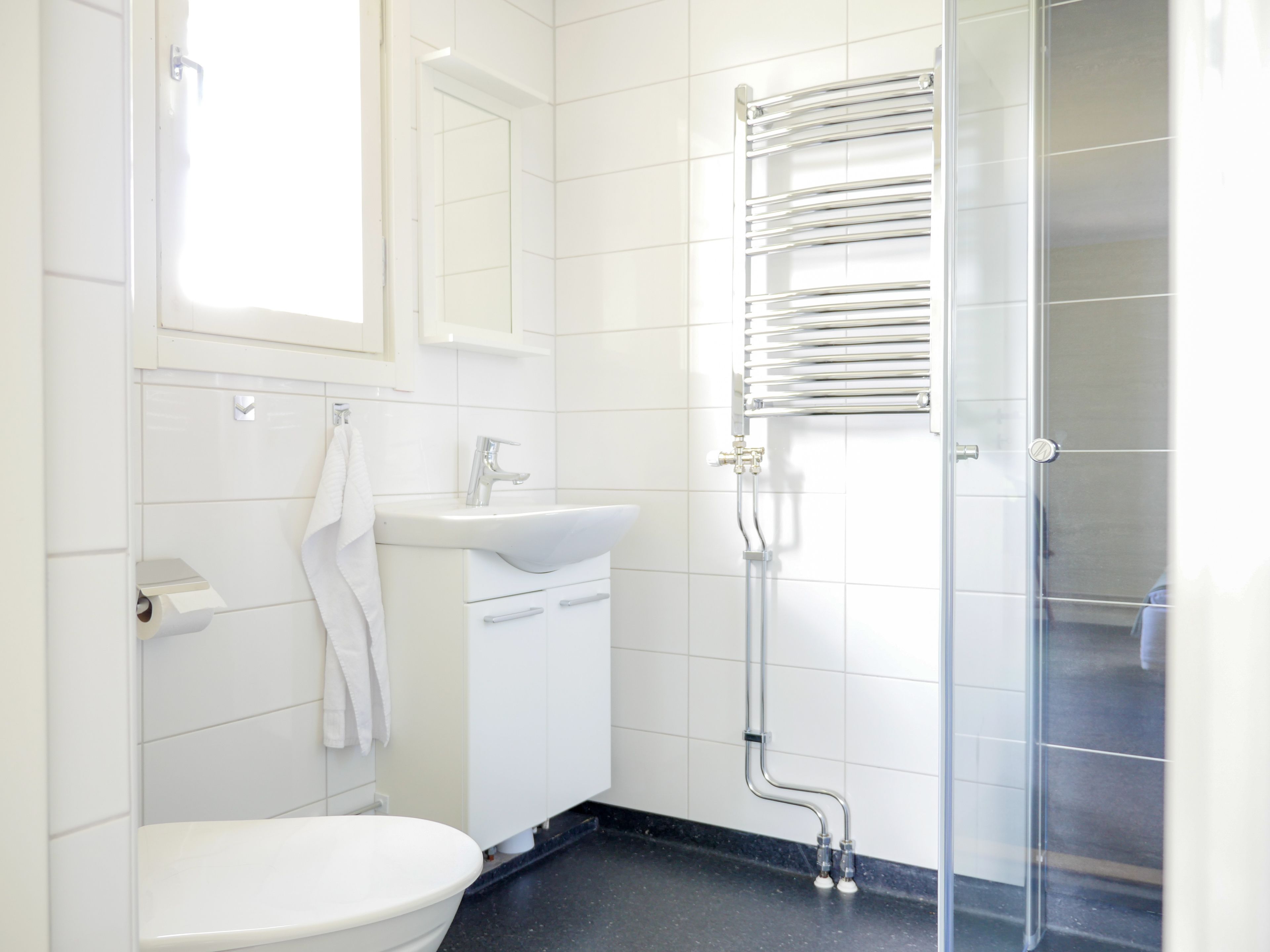 Une salle de bain moderne équipée de toilettes, d’un lavabo et d’une douche.