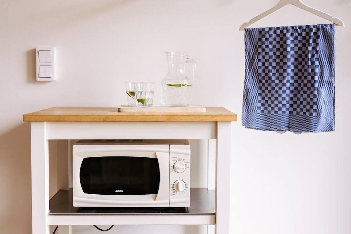 design apartment | private kitchen | fridge, microwave, high chair