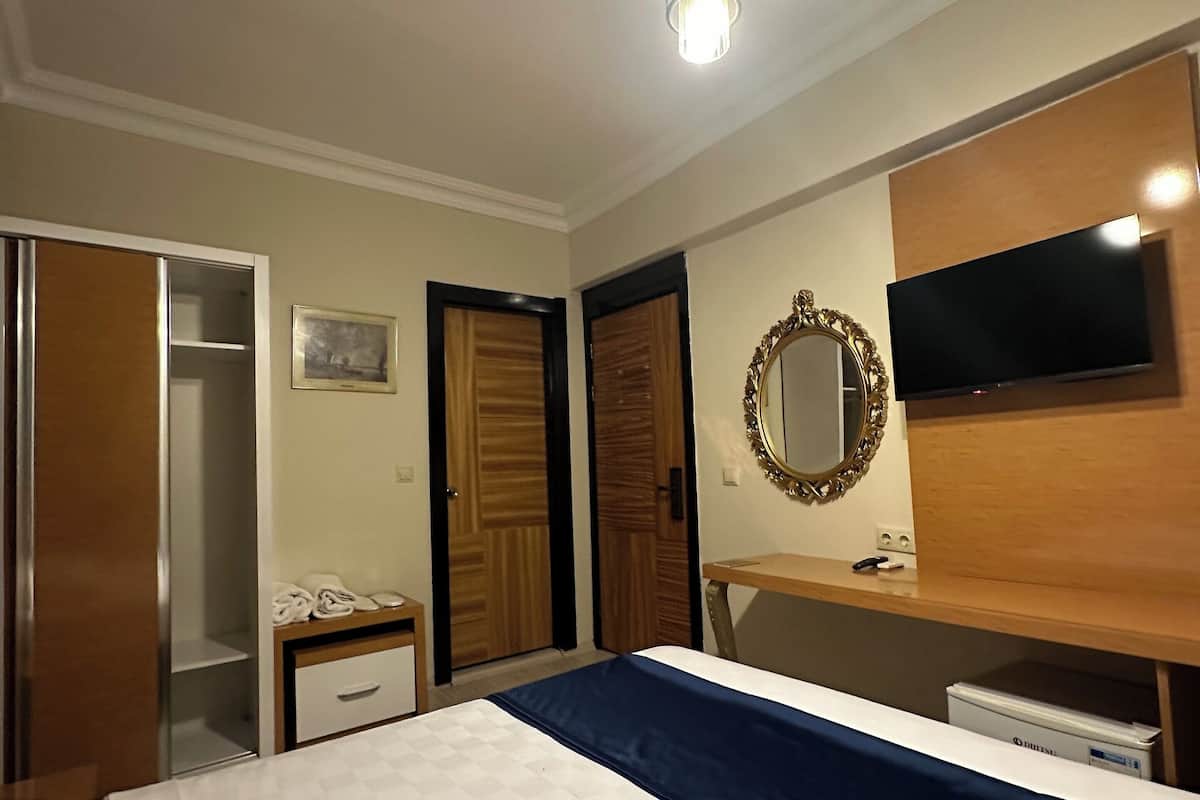Een hotelkamer met een bed, een bureau, een televisie, een spiegel en een kledingkast.