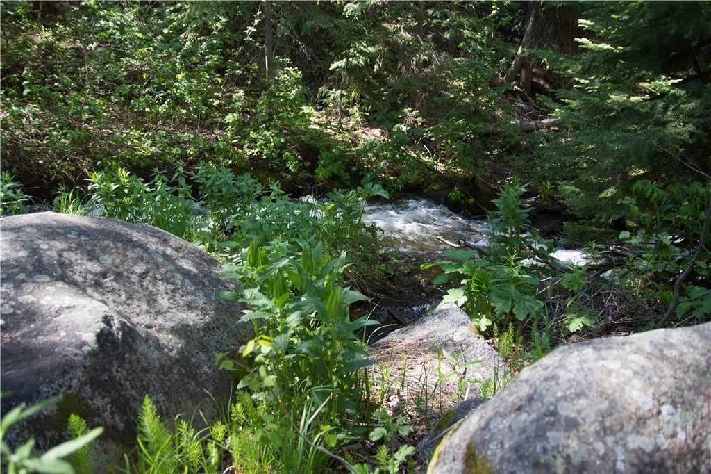A natural outdoor setting with a stream, large rocks, and dense greenery.