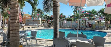 6 outdoor pools, pool umbrellas, pool loungers