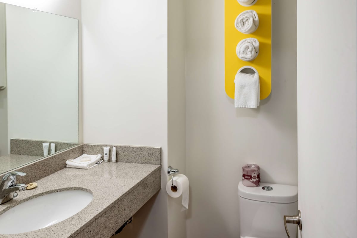 A bathroom with a granite countertop sink, a mirror, a toilet with a yellow towel rack, and a roll of toilet paper.
