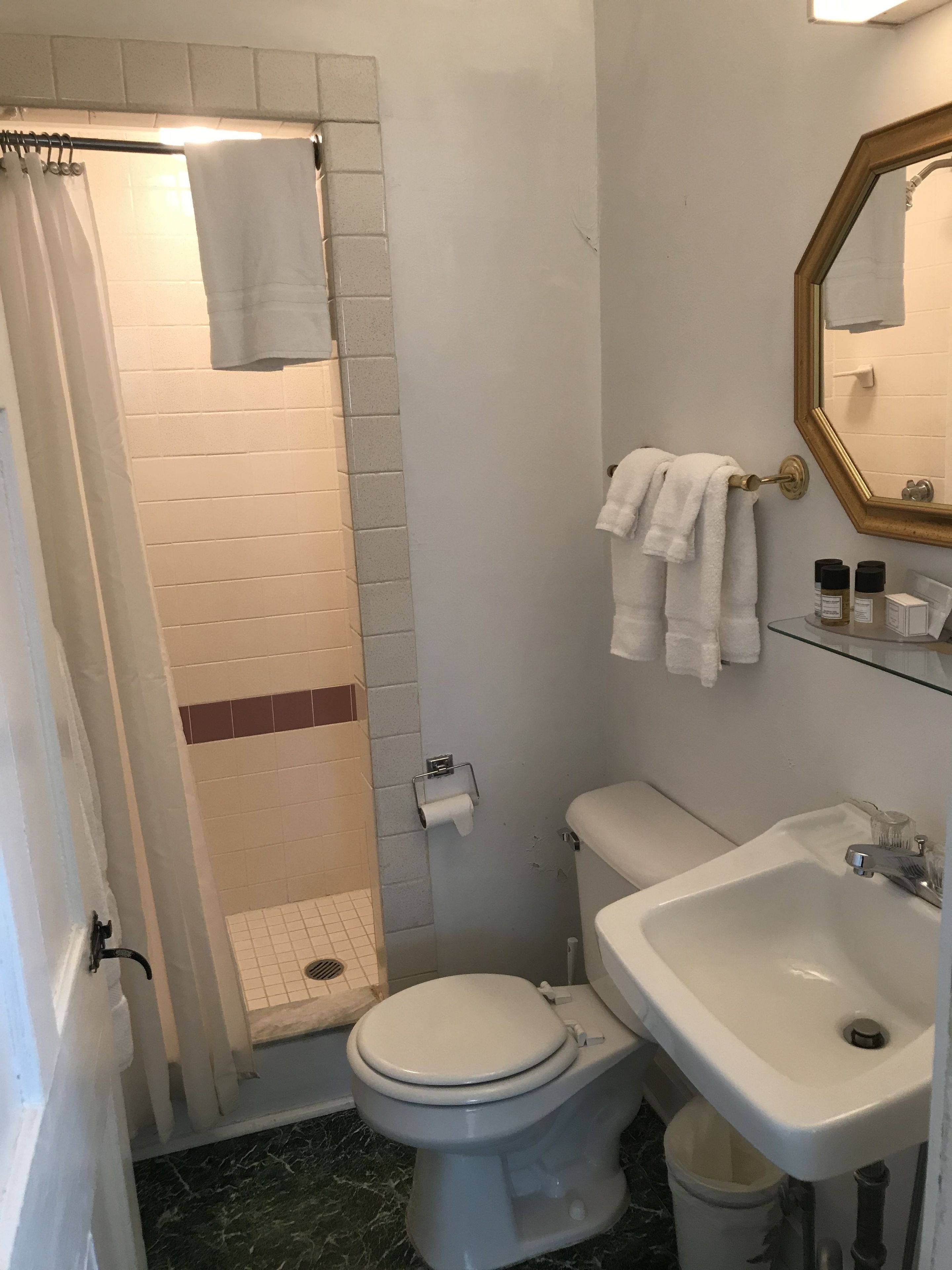 Une salle de bain équipée d’une douche, de toilettes, d’un lavabo et d’un miroir.