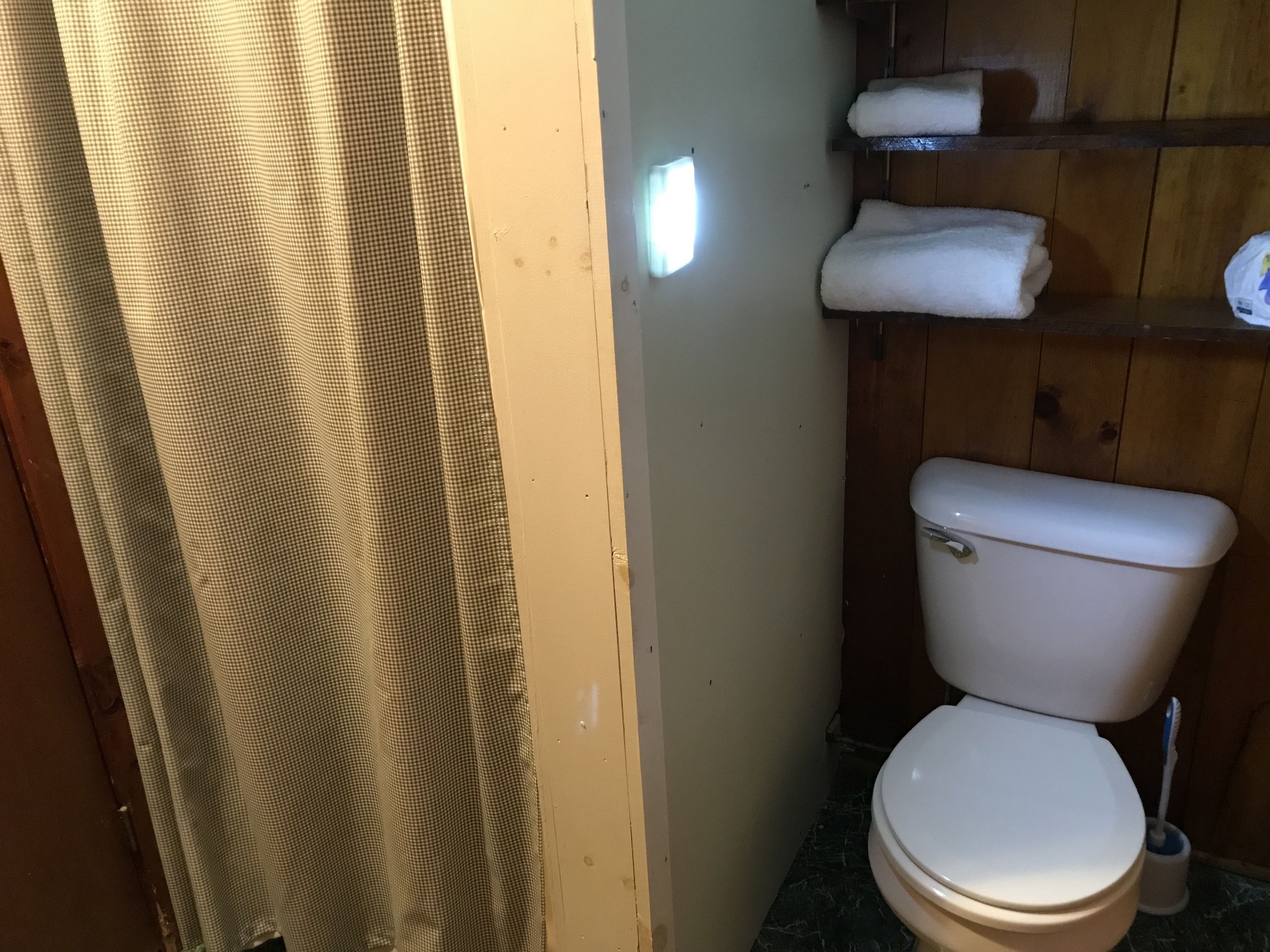 A bathroom with a toilet, a shower curtain, and a shelf with towels.