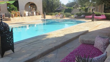 Outdoor pool, pool umbrellas, pool loungers