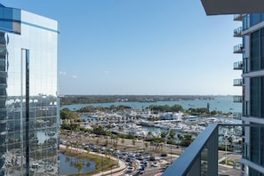 Enjoy panoramic views of the marina from the balcony.