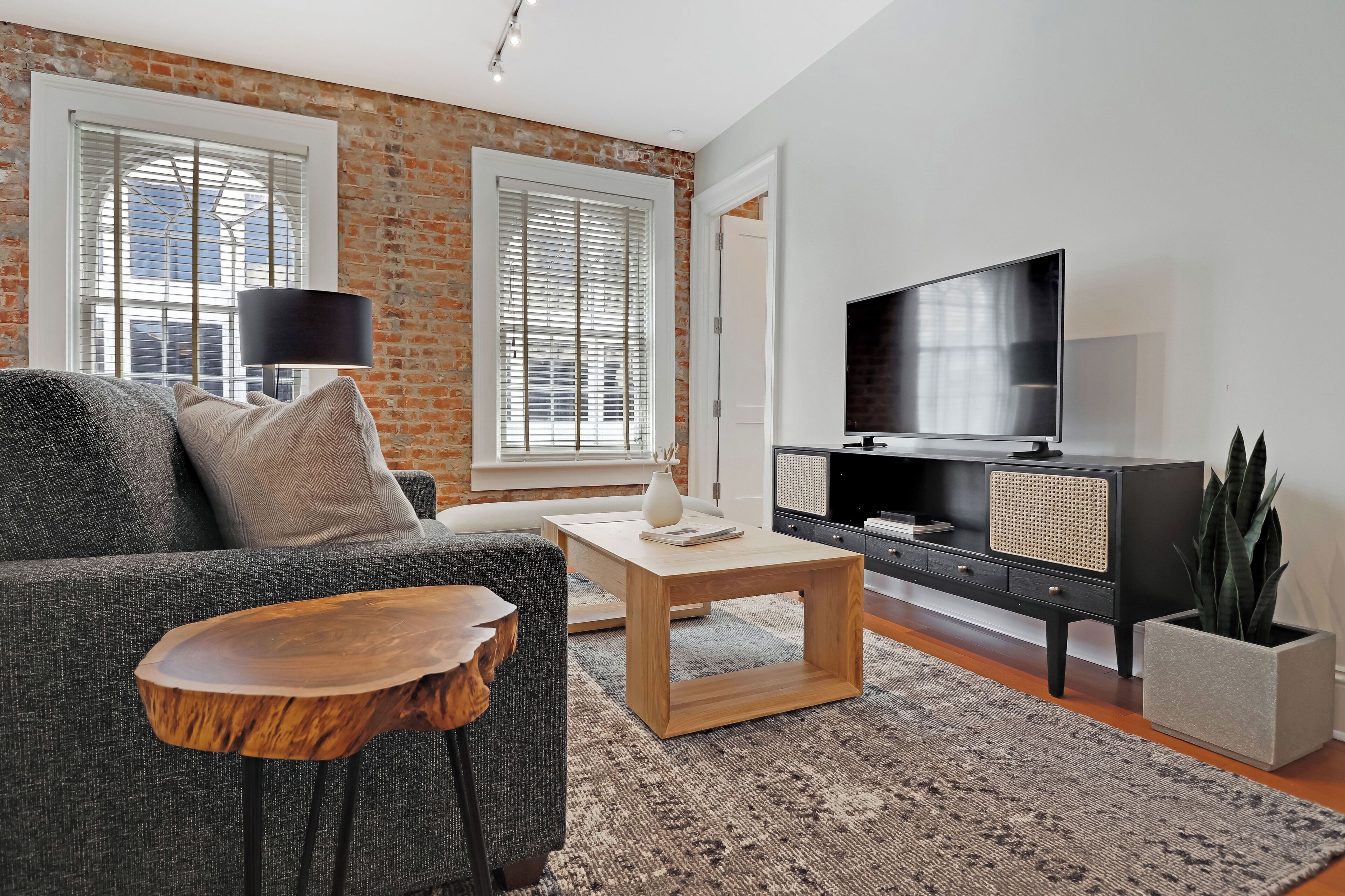 A modern living room with a sofa, coffee table, TV, and decorative plants.
