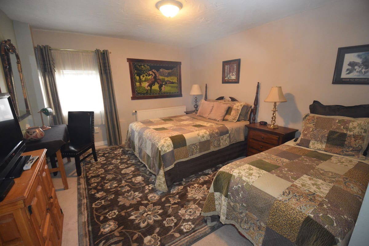 Un dormitorio con dos camas, un escritorio, una silla y un televisor.
