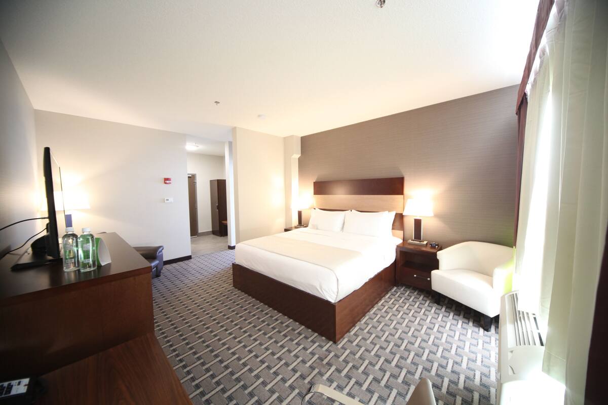 Una habitación de hotel con una cama grande, un escritorio, una silla y una mesita de noche.