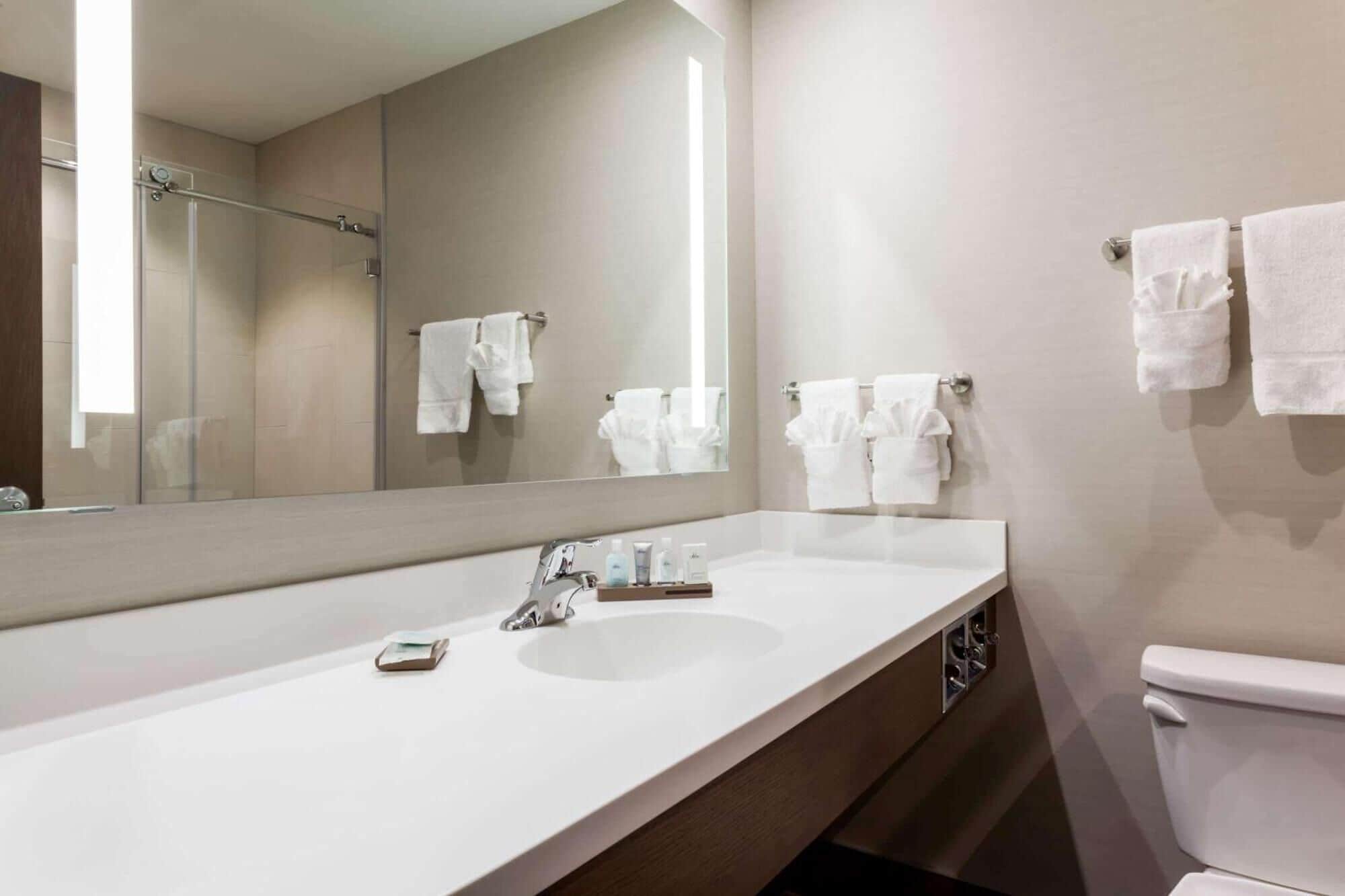 Un baño moderno con un lavabo blanco, un espejo grande y un inodoro.