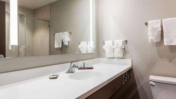 Un baño moderno con un lavabo blanco, un espejo grande y un inodoro.