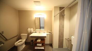 A bathroom with a toilet, sink, mirror, and shower area.