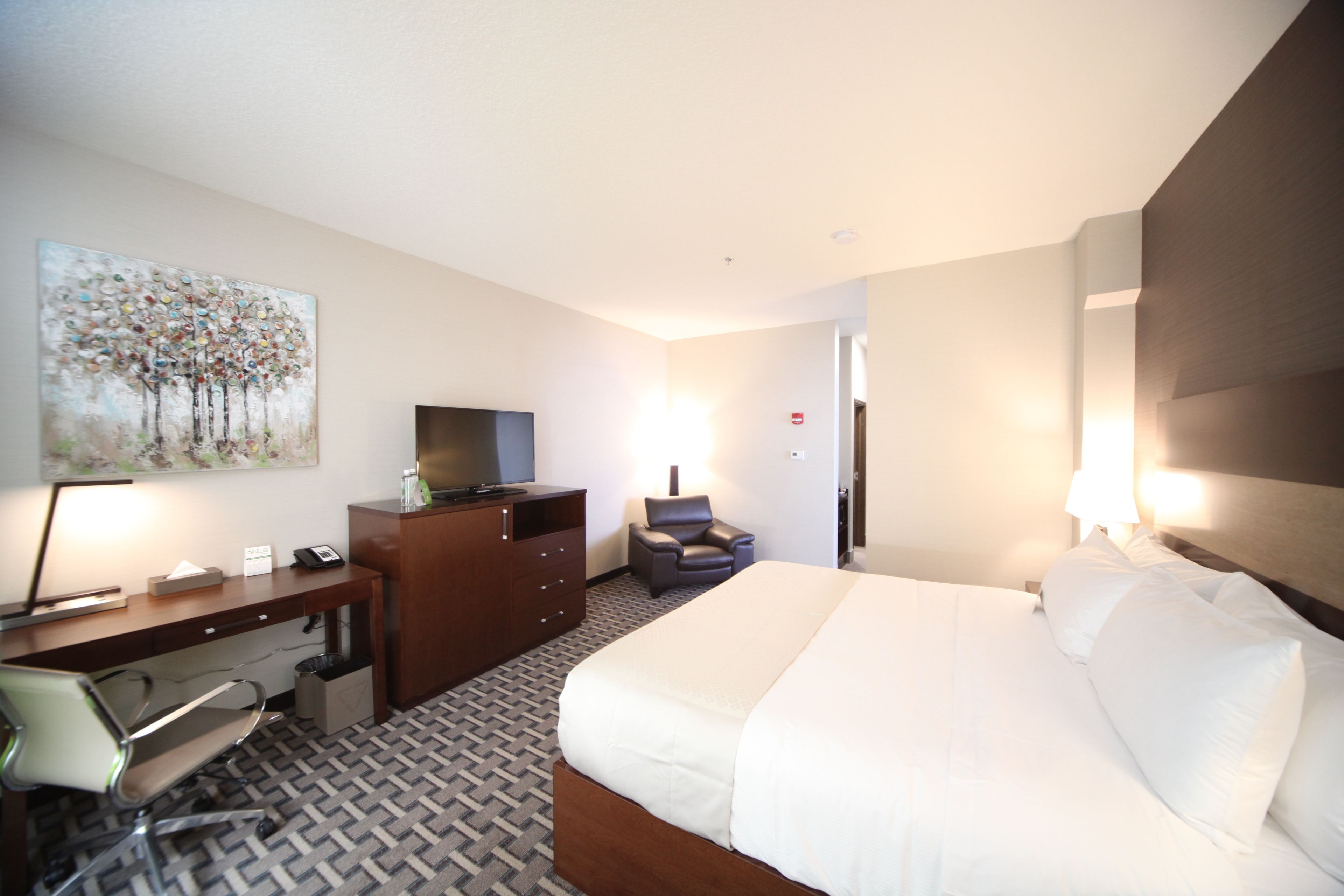 A hotel room with a bed, desk, chair, television, and artwork on the wall.