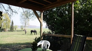A covered outdoor seating area with a table and chairs, overlooking a grassy field with horses. - Holiday Home Koewacht near Seaside (Koewacht)
