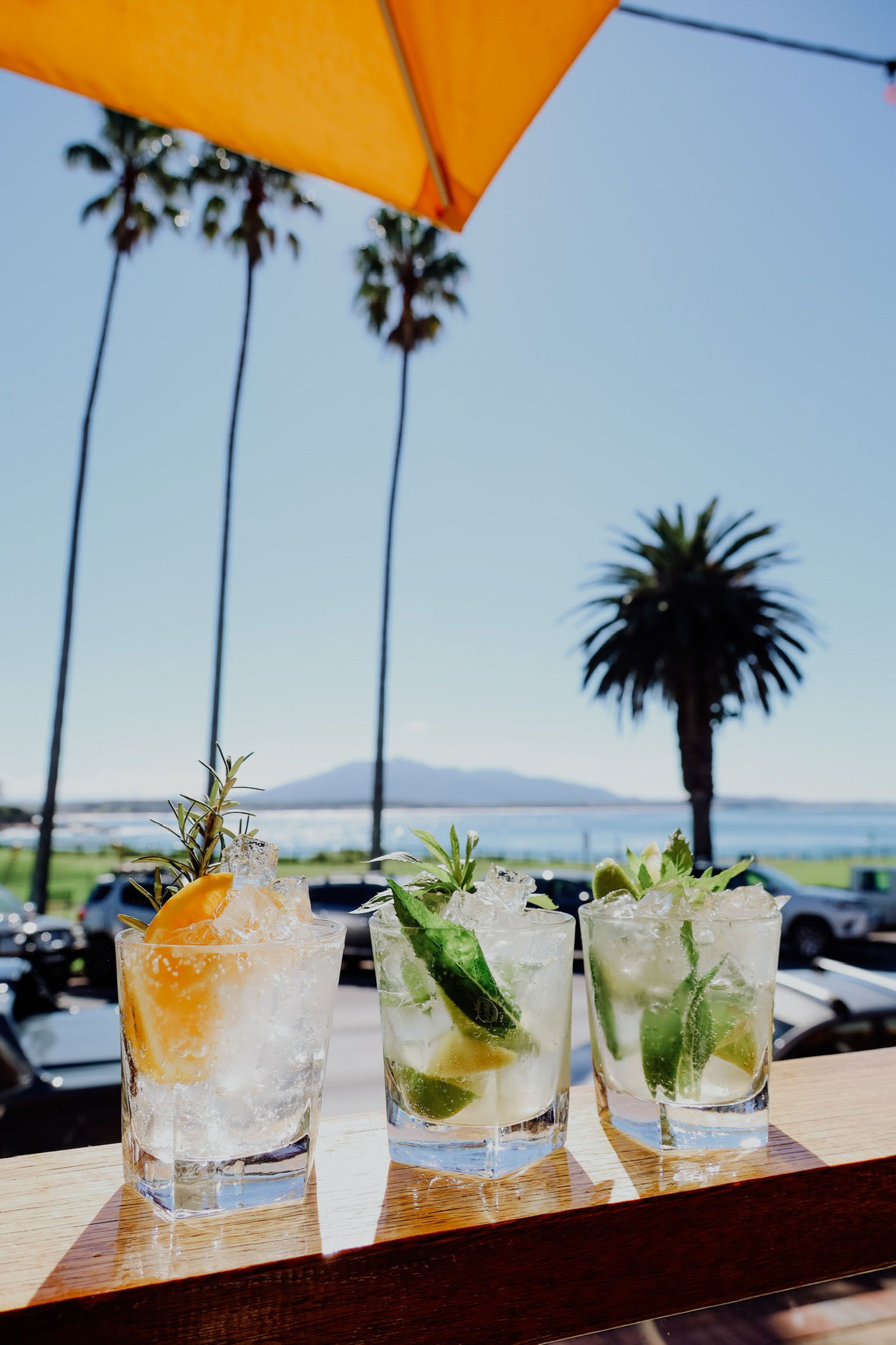 Two glasses of iced drinks with mint leaves on a wooden bar counter, overlooking a beach with palm trees and a mountain in the distance.