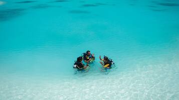 Tres buzos en aguas turquesas y cristalinas, probablemente en un lugar tropical.